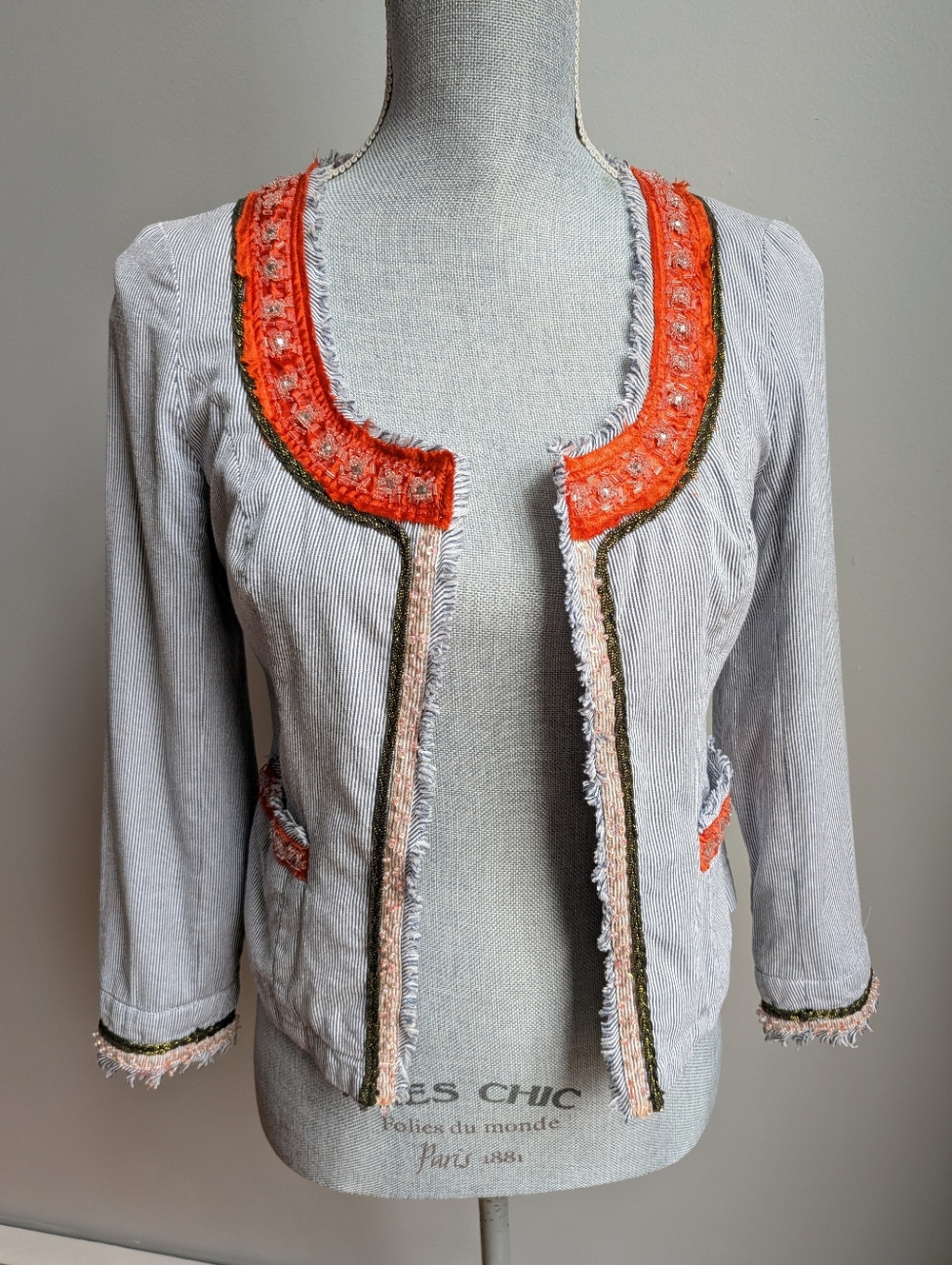 Free People Blue Pinstripe Blazer with Coral Trim - Picture 2 of 14
